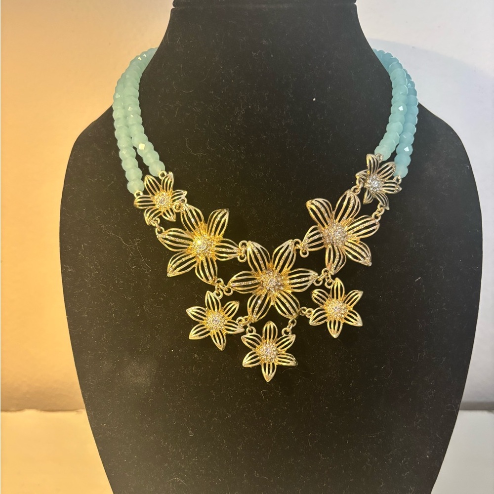 Anthropologie Gold Floral Necklace with Blue Beads